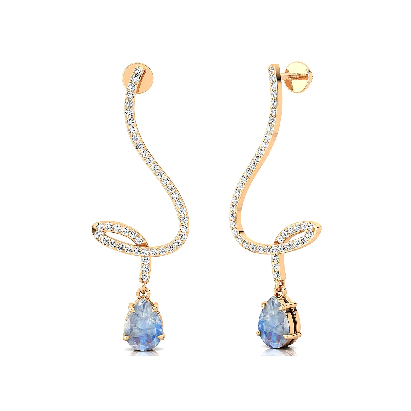 14k Solid Gold Handmade Earrings Unique Pear Cut Natural Rainbow Moonstone & Real Diamonds Dangling Drop Earrings Jewelry Gift