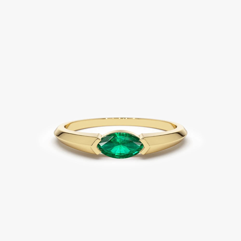 2026 New Collection 14K Solid Gold Bezel Setting Horizontal Marquise Shape 6x3 MM Natural Emerald 0.25 Ctw Eternity Band Fine