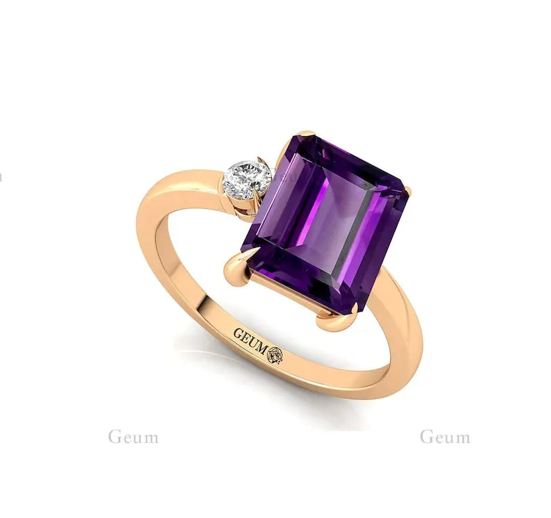 Natural Purple Amethyst Gemstone 14K Real Solid Gold Solitaire Ring for Women Unique Design with IGI Certified Diamond Jewelry