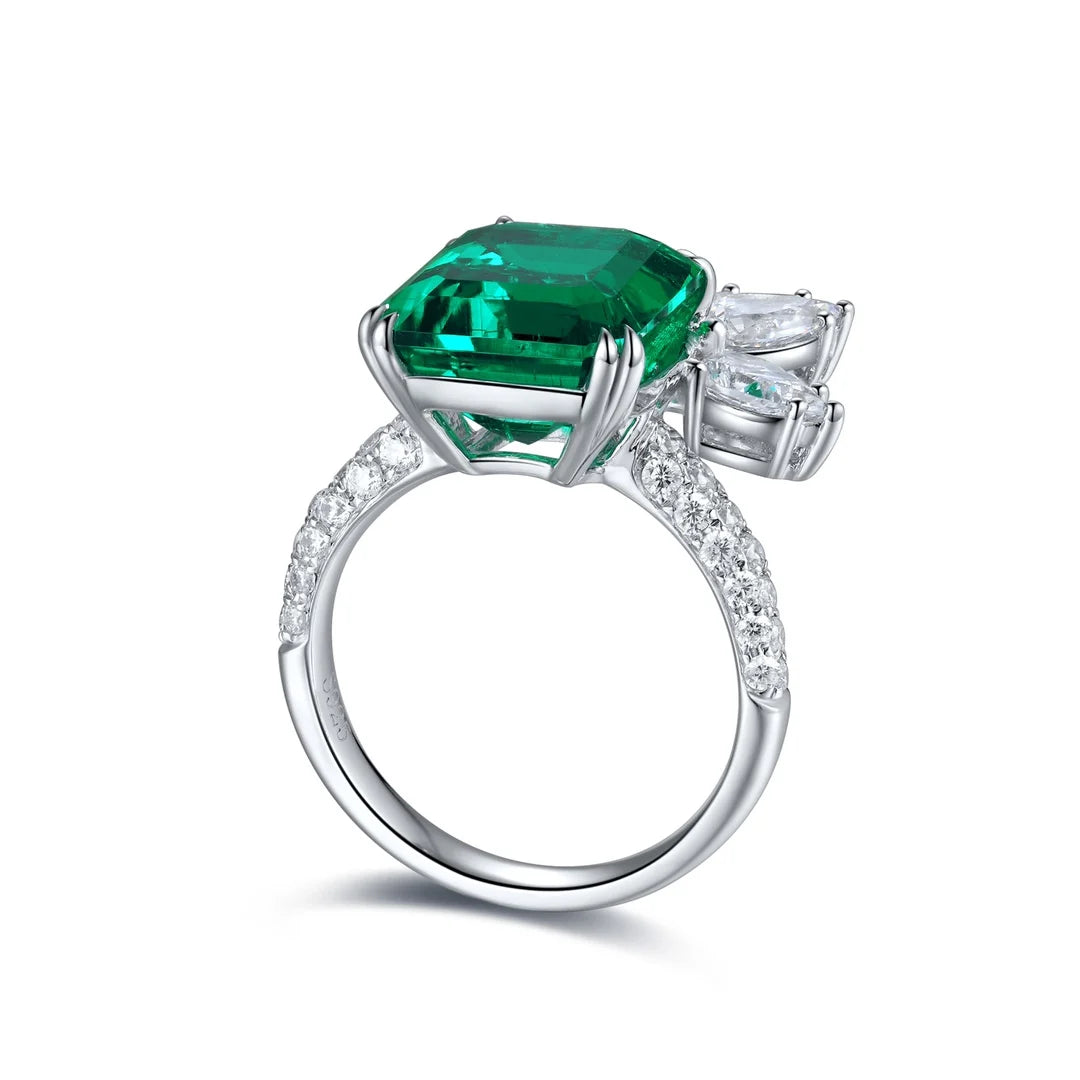 Gemfiori Anster Emerald Cut Lab Made Diamonds and Ring S925 Sterling Silver Lab Created Emerald Women Ring