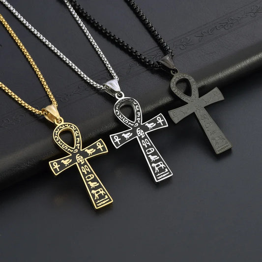 REBEL Vintage Stainless Steel Egyptian Symbol Ankh Cross Pendant Necklace for Men Christian Jewelry Waterproof