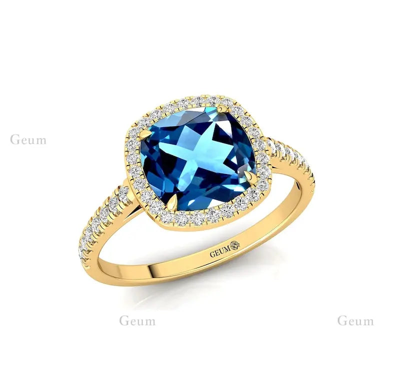 Natural London Blue Topaz December Birthstone Classic 14k Real Gold Cushion Shape Prong Set Custom Size High Quality Jewelry