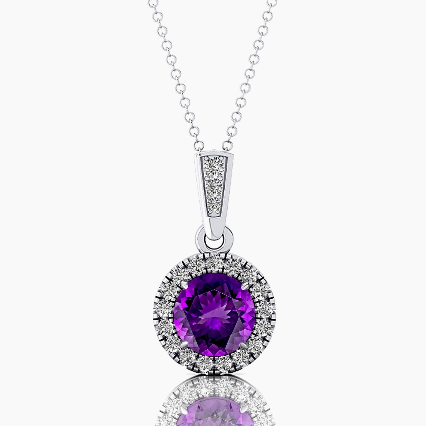 Natural Amethyst Gemstone Cute Minimalist Halo Solitaire Pendant 14K Solid Gold Rhodium Plated Diamond Gift