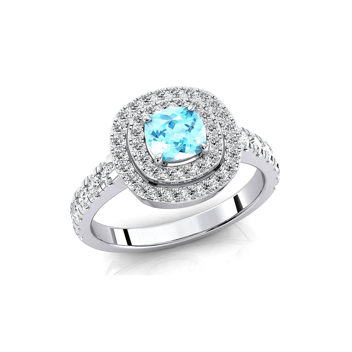 100% Natural Birthstone Aquamarine Gemstone Fine White Diamonds Solid Gold Bulk Double Halo Ring For Wedding and Engagement