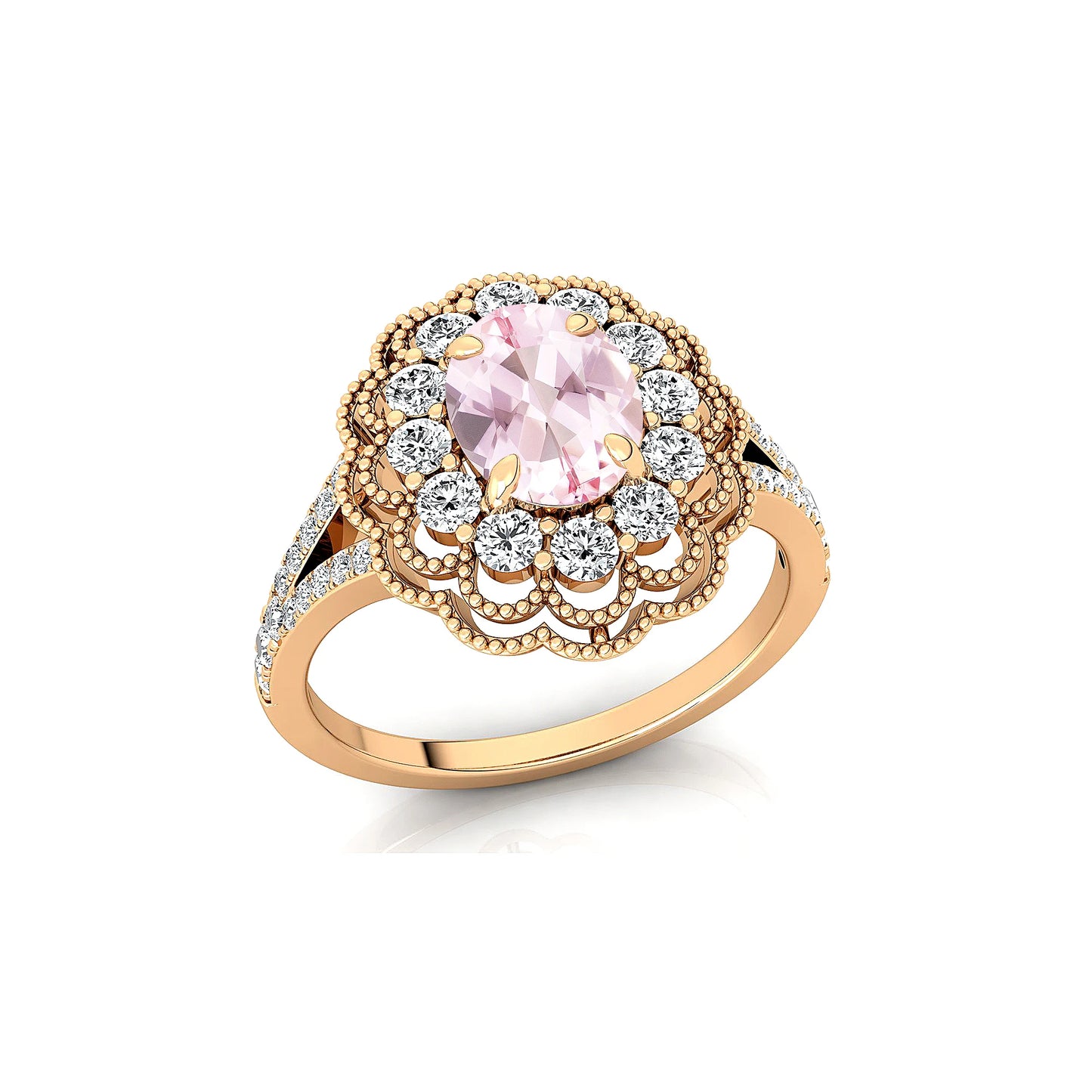 Oval Cut Natural Morganite Real Diamond Cluster Ring 18k Solid Gold Rhodium Plated Classic Fine Bridal Halo Solitaire Ring