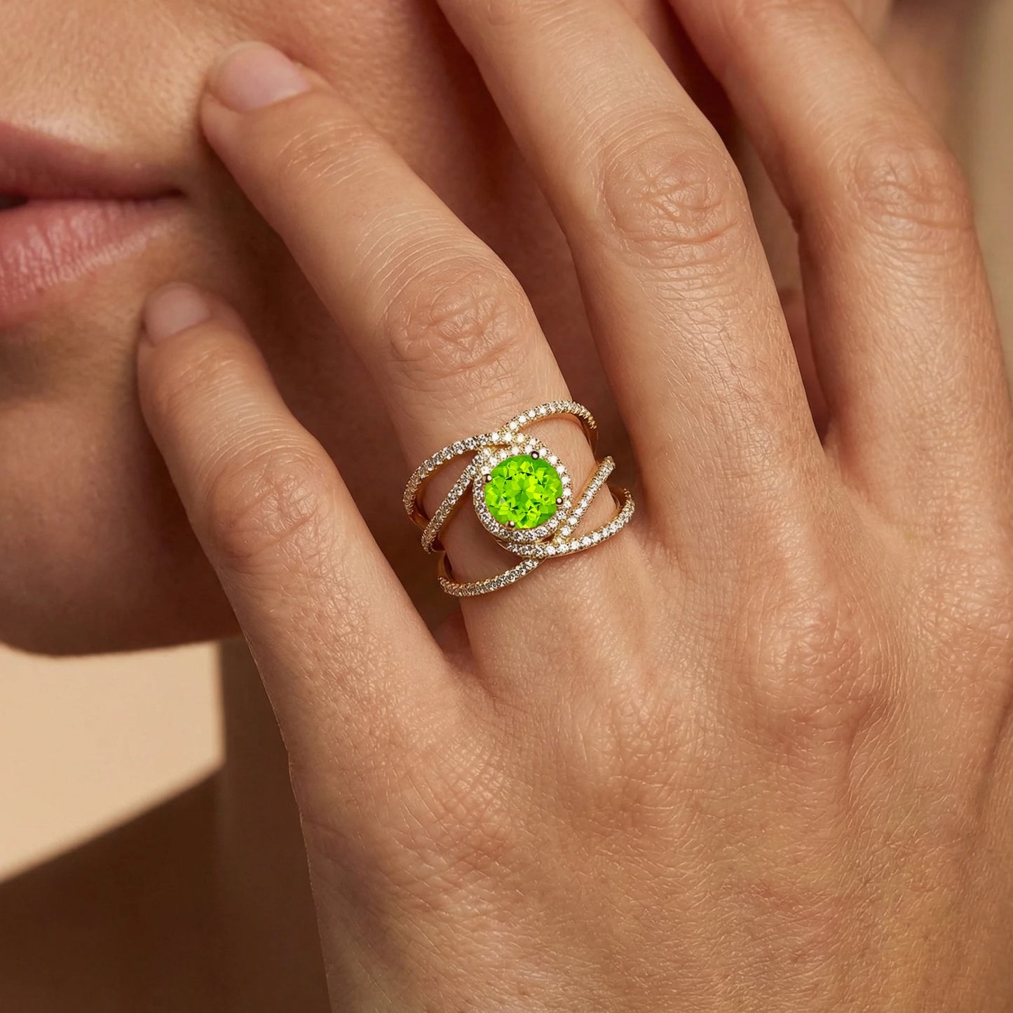 Unique Halo Solitaire Rings 18k Solid Gold Prong Set Natural Peridot Gemstone Diamonds Wedding Engagement Ring Gift For Wife