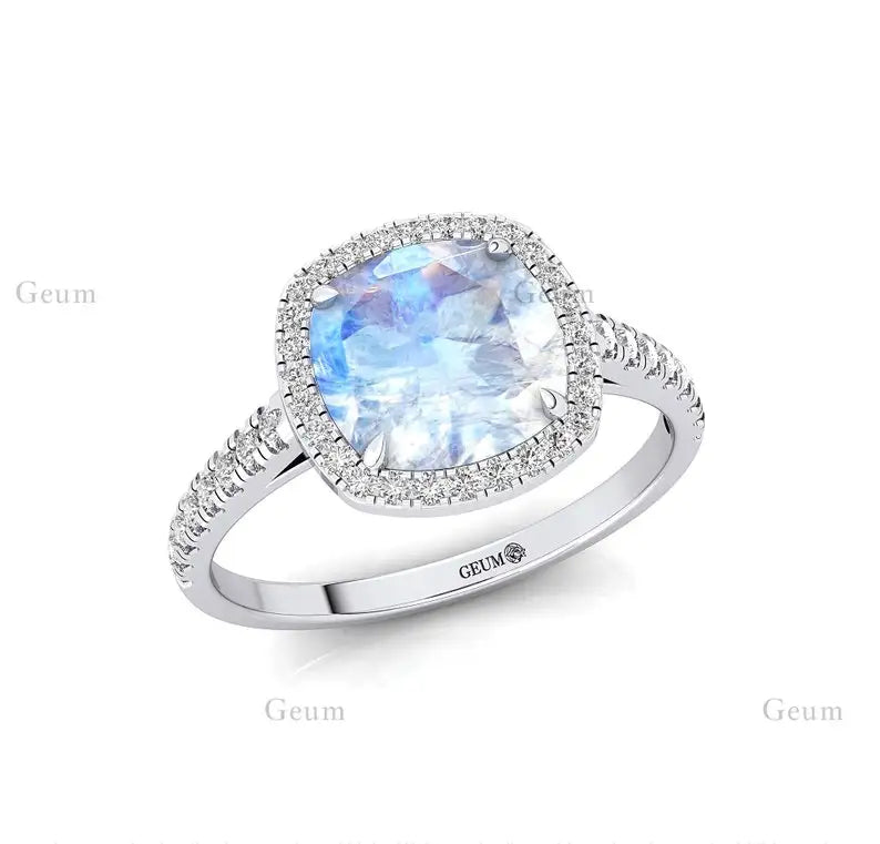 14k Solid Gold Natural Rainbow Moonstone June Birthstone Cushion Shape Prong Set Third Party Certified Handmade Wedding Ring