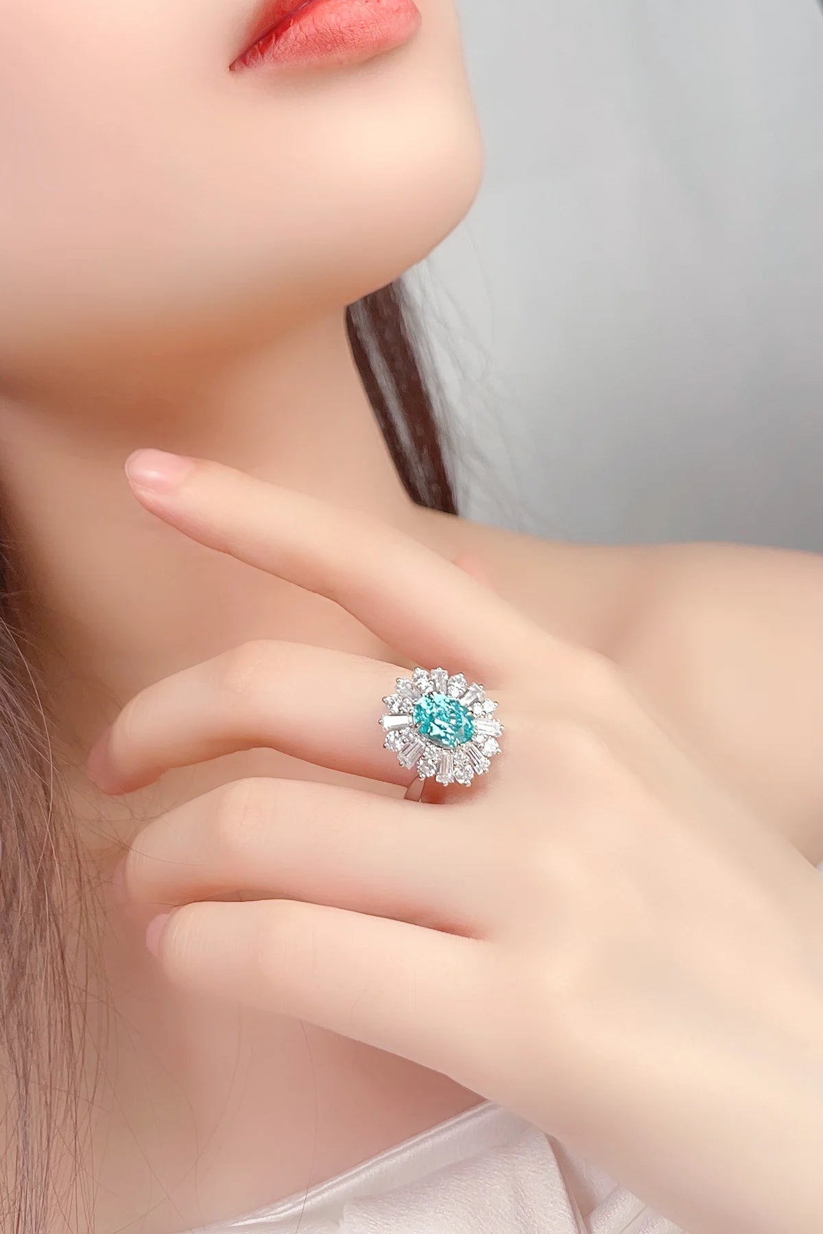 Gemfiori Anster Oval Cut Lab Made Diamonds and Ring S925 Sterling Silver Lab Created Paraiba Women Ring