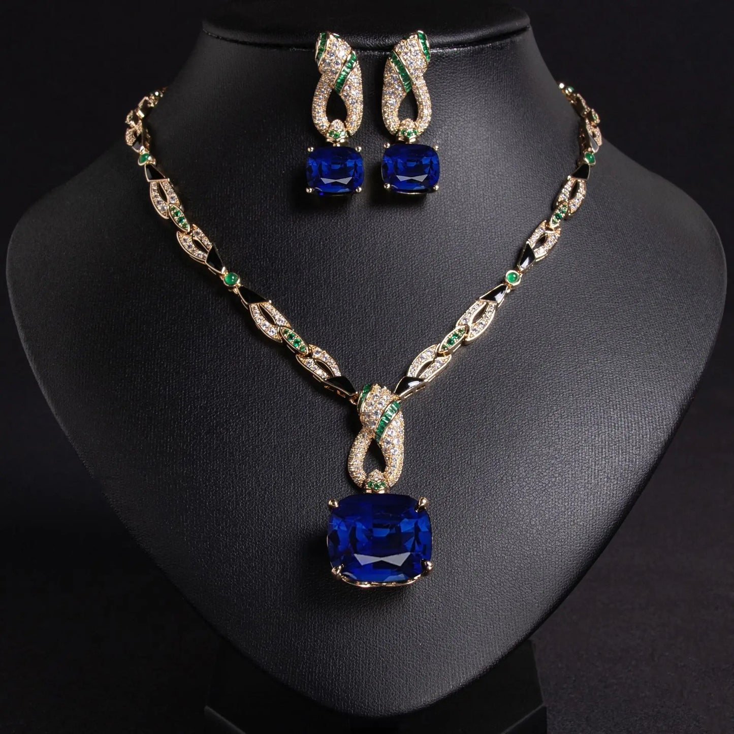 African-Inspired Cubic Zirconia Pendant Necklace & Earrings Set — Green, White, Blue, Red & Turquoise