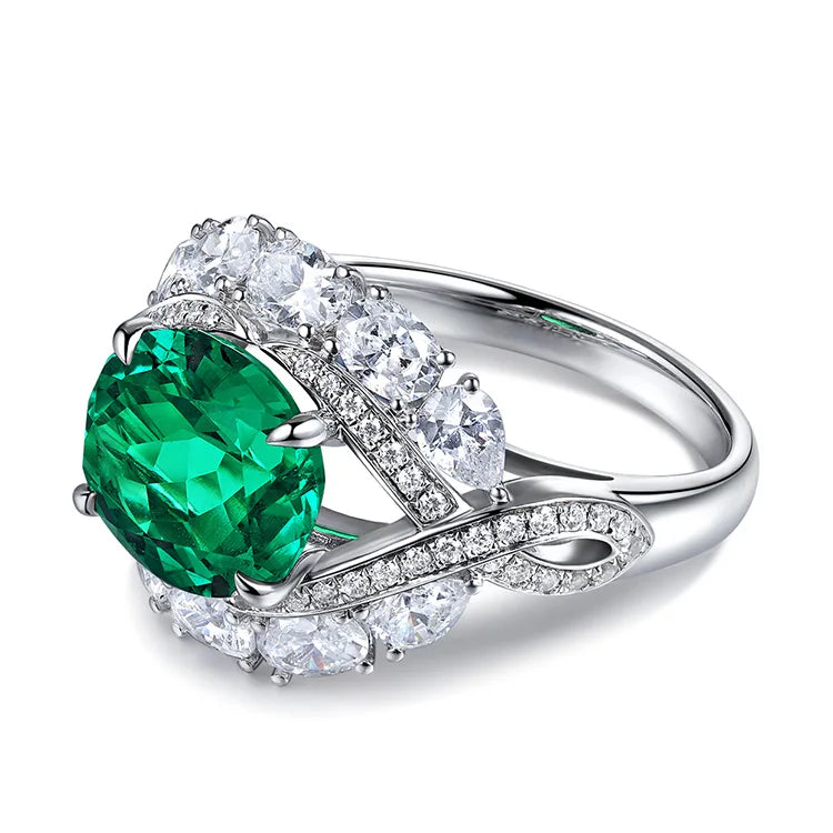 Gemfiori Anster Lab Made Diamonds and Ring S925 Sterling Silver Oval Cut Lab Created Emerald Women Ring