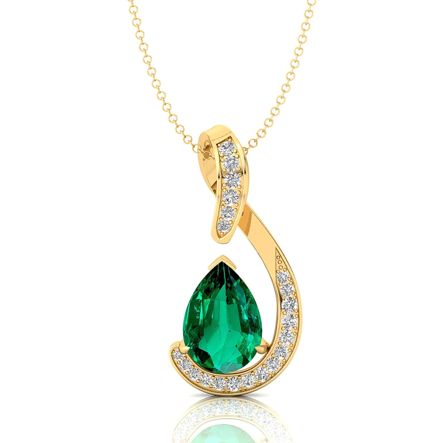 Lab Grown Green Emerald Genuine White Diamond Teardrop Pendant Necklace 14k Solid Gold Cute Delicate Fine Women's Gift Jewelry