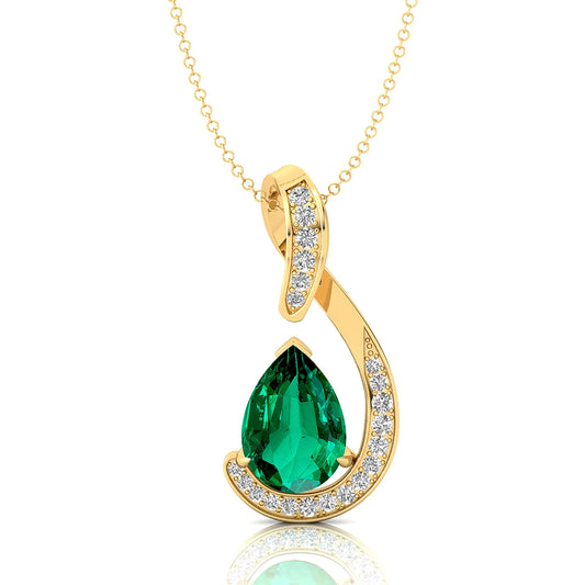 Lab Grown Green Emerald Genuine White Diamond Teardrop Pendant Necklace 14k Solid Gold Cute Delicate Fine Women's Gift Jewelry