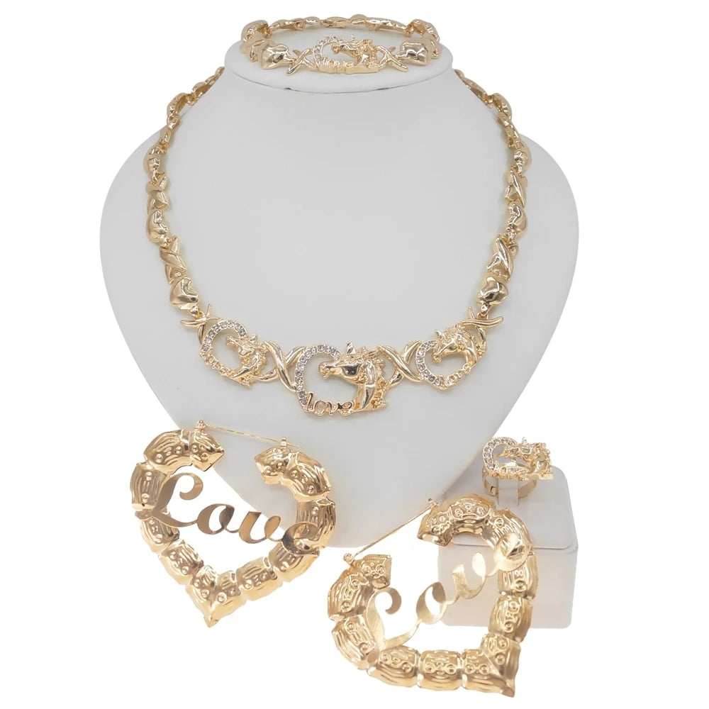 Zhuerrui Unicorn Xoxo Jewelry Sets I Love You Hug and Kiss Horse Big Earrings Necklace Set African Costume Jewellery Set X0144