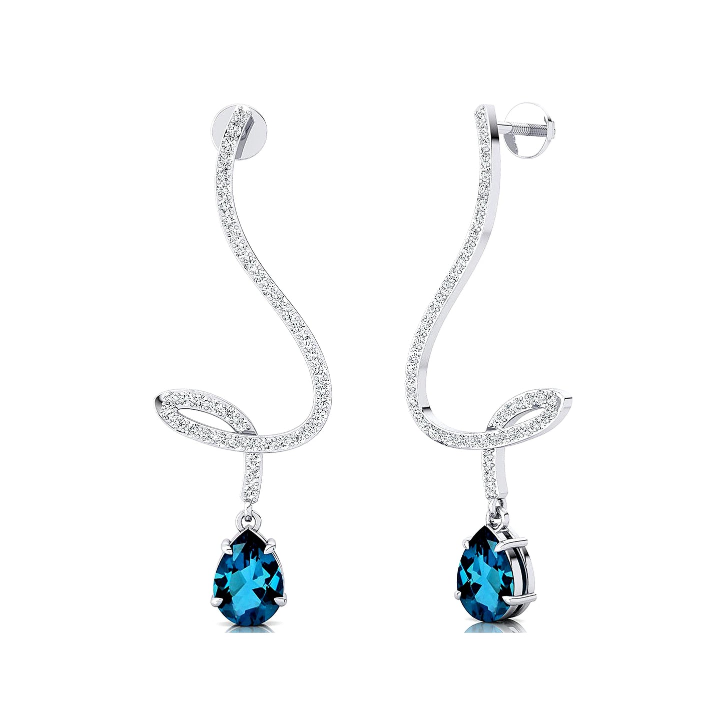 Pear Cut Natural London Blue Topaz Gemstone & Real Diamonds Dangling Drop Earrings 18k Solid Gold Rhodium Wedding Gift For Her