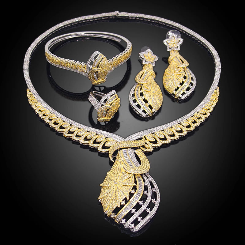 Zhuerrui Cubic Zirconia Costume Jewelry Set Dubai Ladies Brass Necklace Bracelet Earring Ring Wedding Jewelry Sets HZ201101126
