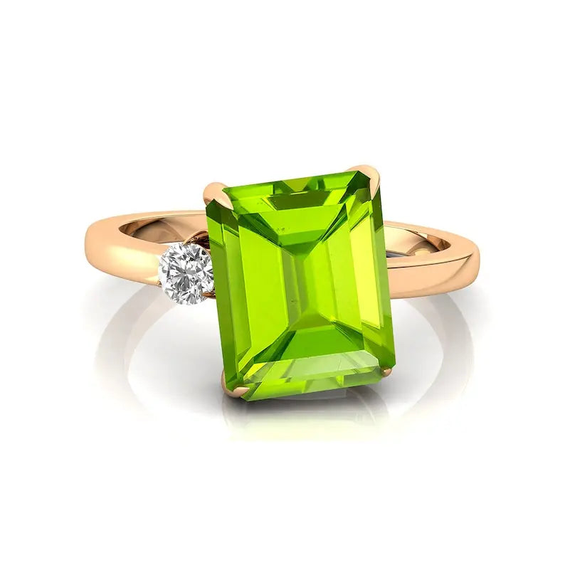 14k Yellow Solid Gold Natural Peridot & Solitaire Round Cut Diamond Engagement Ring Gift for Fiance Champagne Gold Jewelry