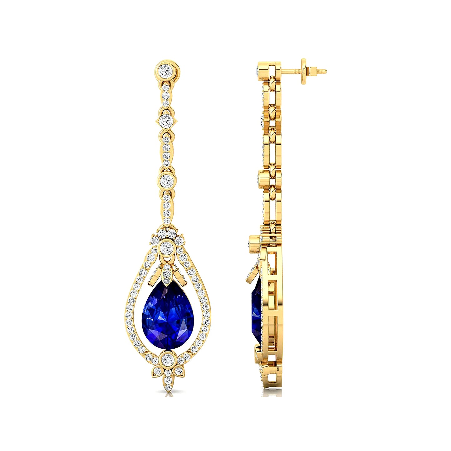 100% Lab Grown Blue Sapphire Luxury Handmade Solid Gold Drop Earrings with Real Diamonds Cute Style Party Gift Jewelry