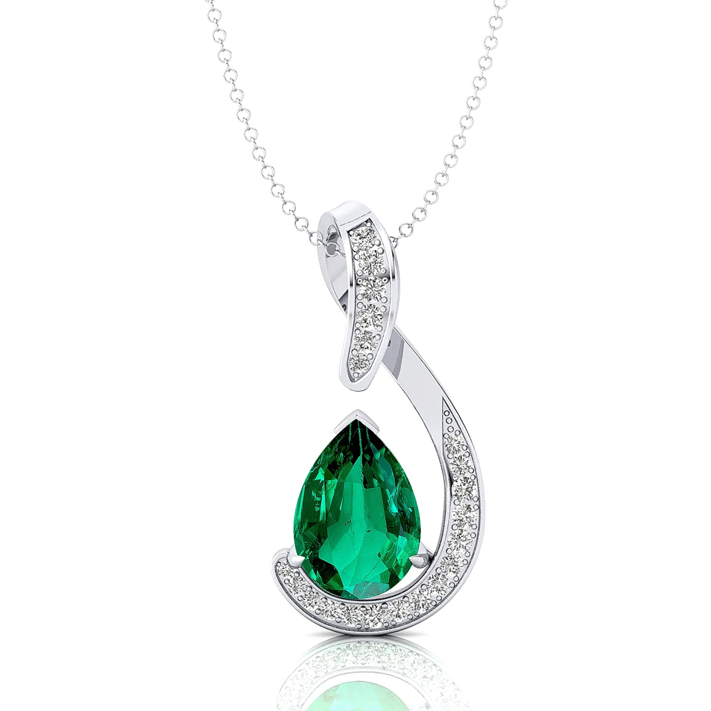 Lab Grown Green Emerald Genuine White Diamond Teardrop Pendant Necklace 14k Solid Gold Cute Delicate Fine Women's Gift Jewelry