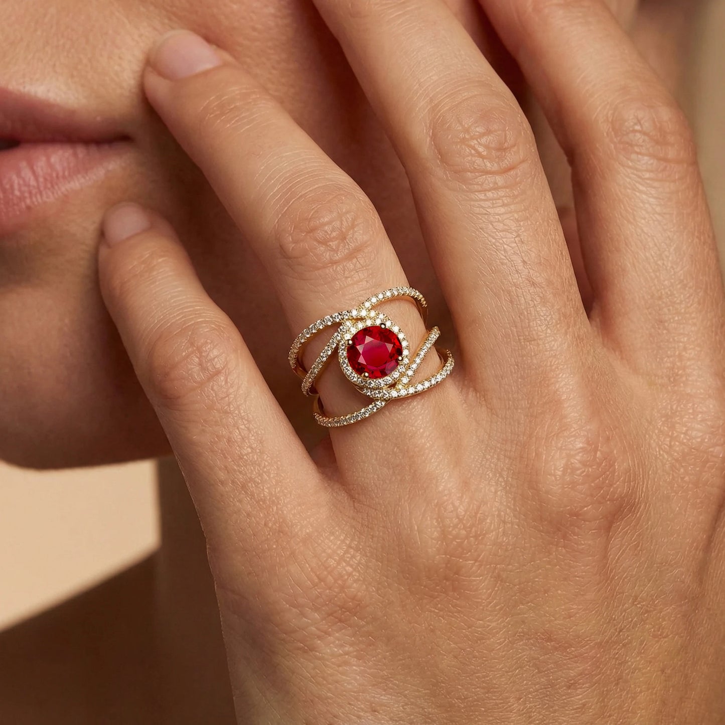 Elegant Design July Birthstone Lab Grown Ruby Gemstone & Diamond Cluster Prong Setting 18k Solid Rings Unique Wedding Gold Rings