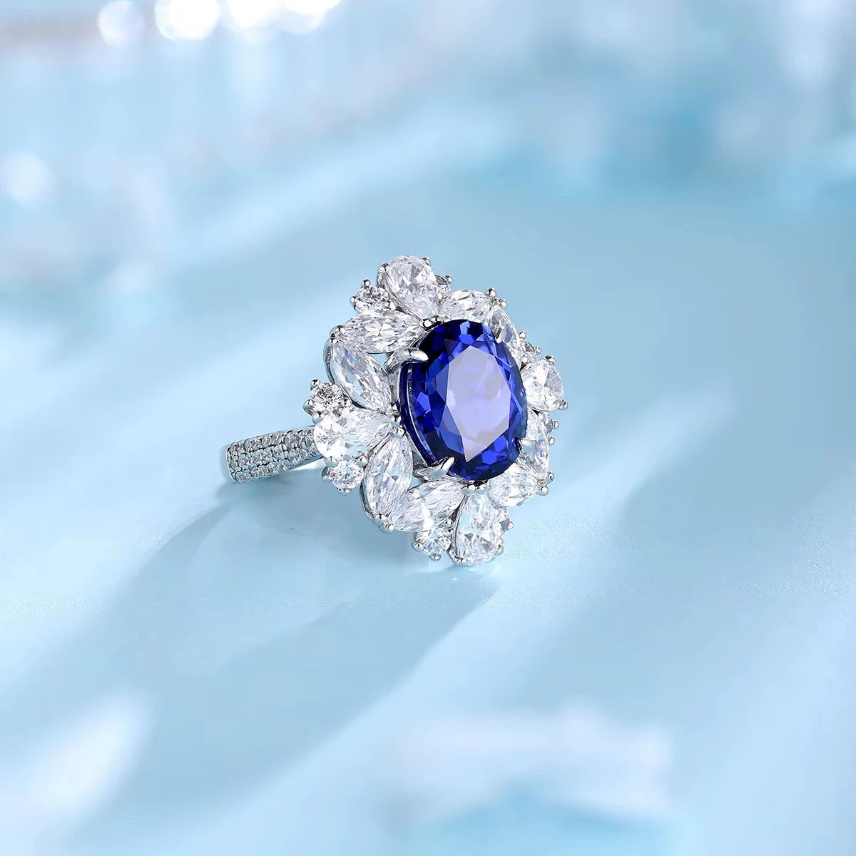 Gemfiori Anster Oval Cut Lab Created Diamonds and Ring S925 Sterling Silver Lab Grown Sapphire Women Ring