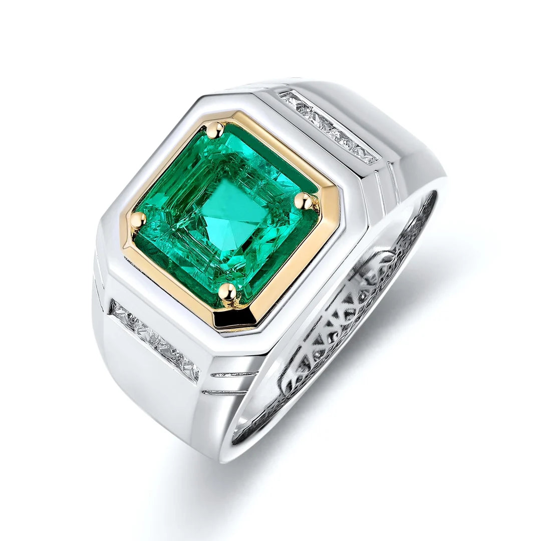 Gemfiori Anster Lab Made Diamonds and Ring S925 Sterling Silver Asscher Cut Lab Created Emerald Men Ring