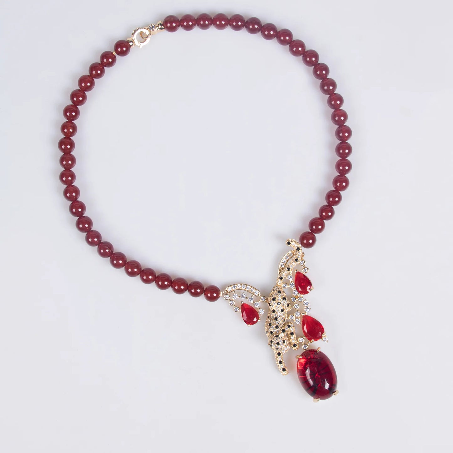 New Arrival Gold Plated Exquisite Leopard Pendant Green Agate Beaded Long Necklace Earrings Sets