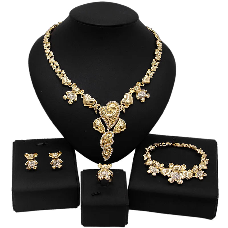 Zhuerrui Newest Design 14K Gold Plated Wedding Party Jewelry Sets I Love You Xo Big Teddy Bear Hug and Kiss Jewelry Set X0077