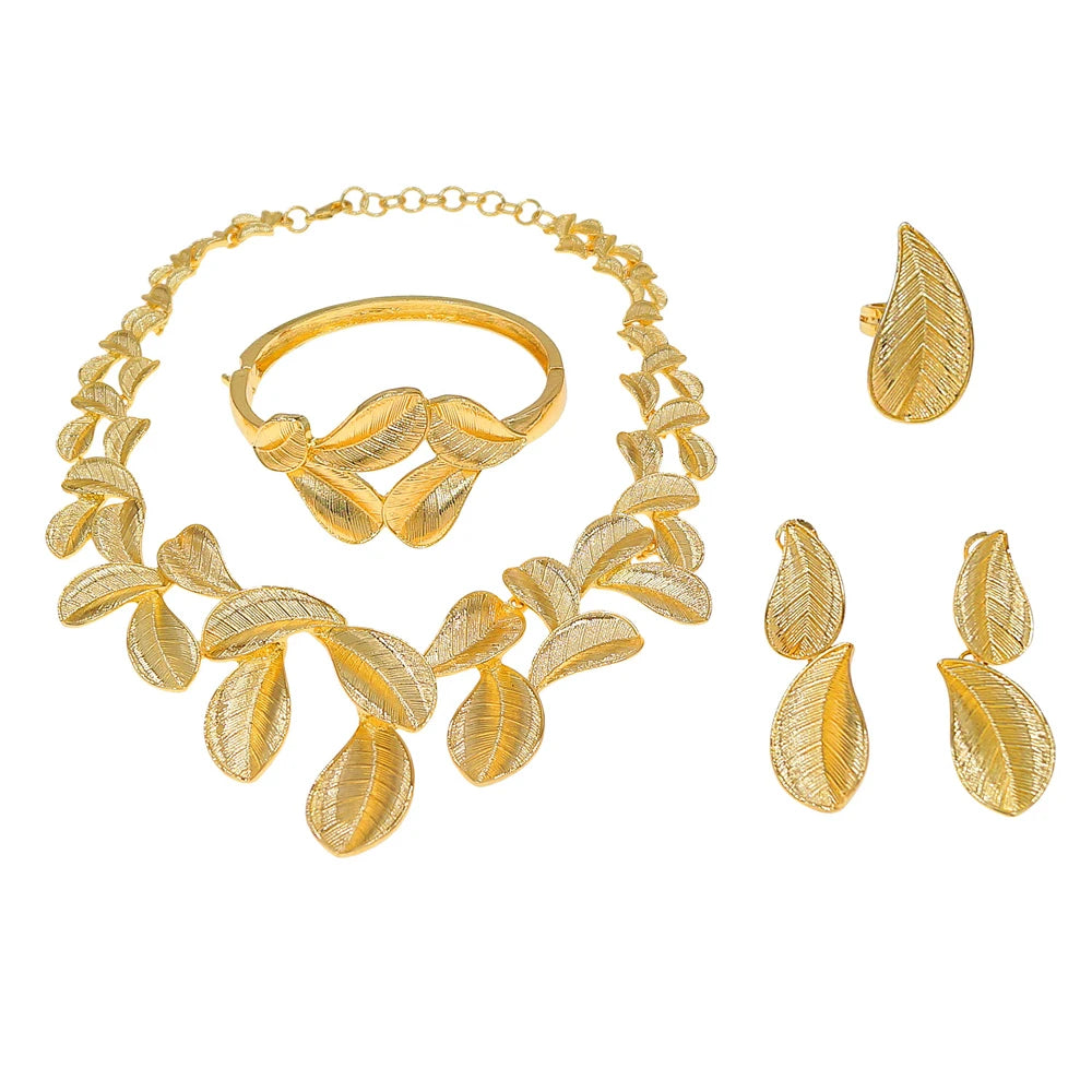Zhuerrui Italian Gold Plated Jewelry Set for Women Leaf Shape Textured Pattern Necklace Earrings Bracelet Ring Party I0000420