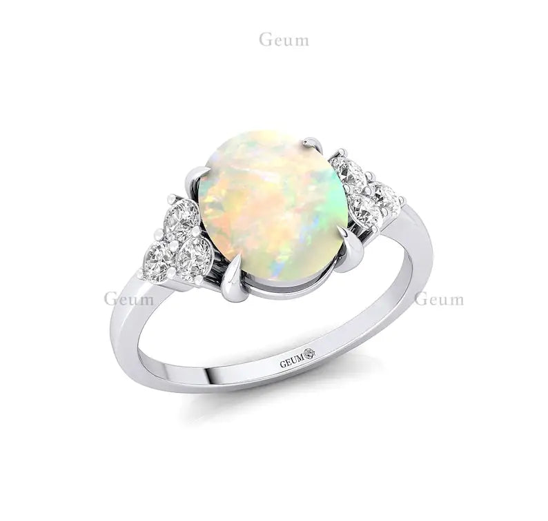 Handmade Customized 14K Pure Gold Natural Diamond Ethiopian Opal Gemstone Classic Wedding Luxury Bridal Rings