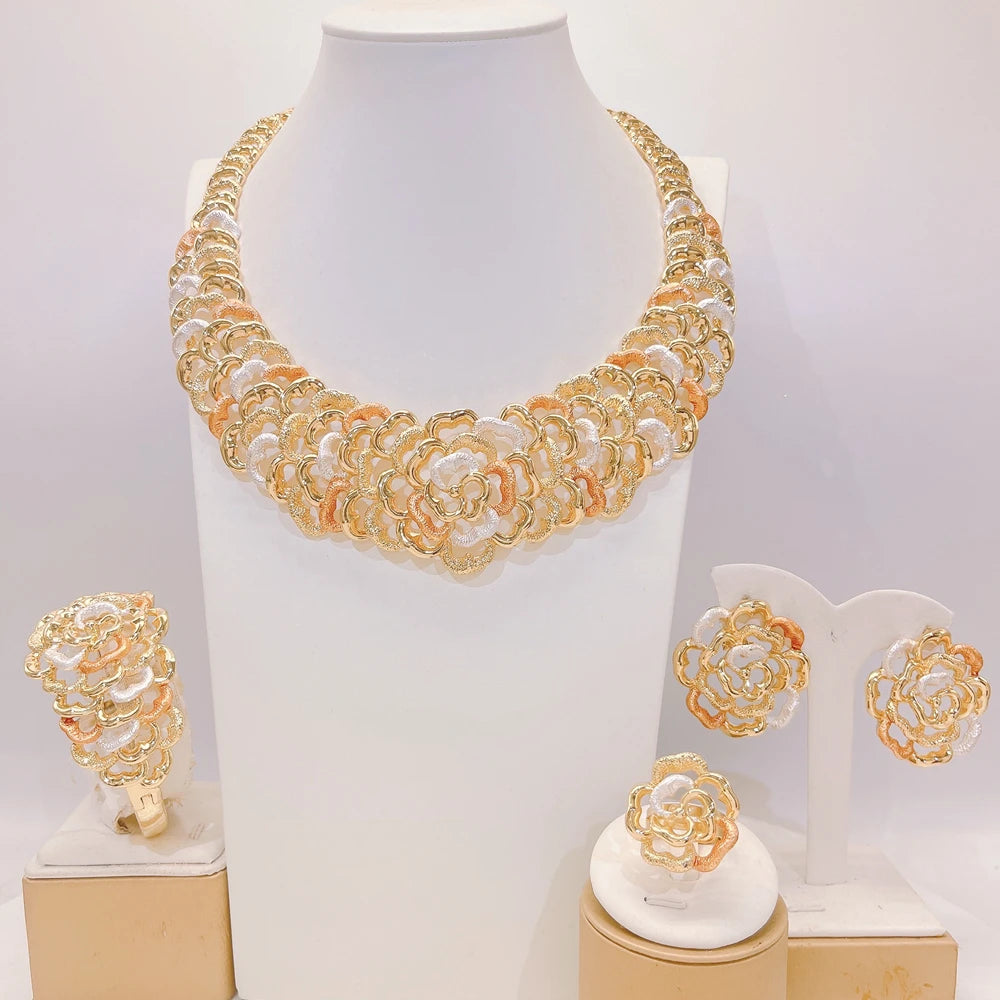 Zhuerrui Italian Gold Plated Jewelry Set Three Tone Floral Pattern Multi Layer Necklace Earrings Bracelet Ring Party I006220