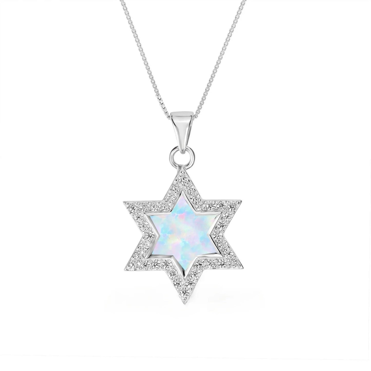 Opal Christian Anniversary Necklace for Women Romantic Brass Link Chain Sweater with Blue Hexagonal Star Pendant