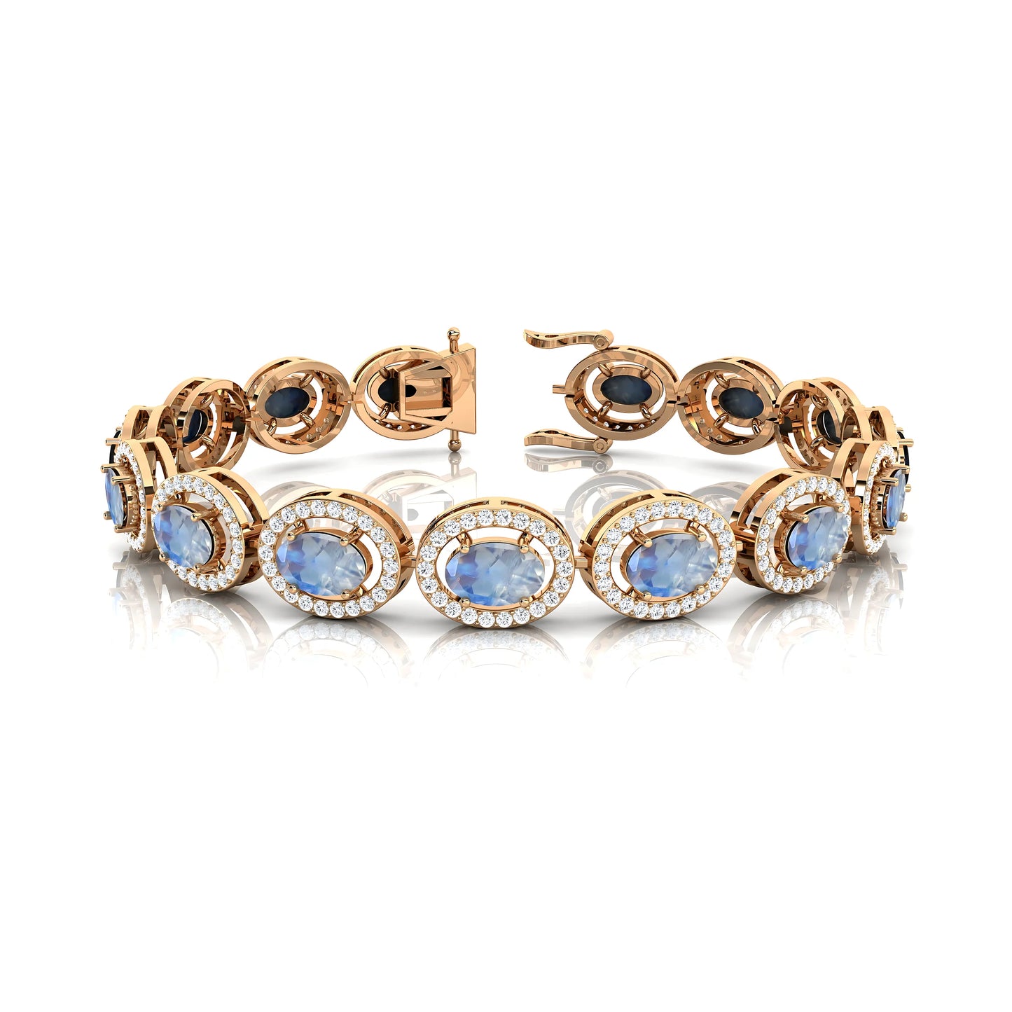 Luxury 100% Authentic Real 14k Solid Yellow Gold Tennis Bracelet Handmade Rainbow Moonstone Diamond Trendy for Weddings Parties