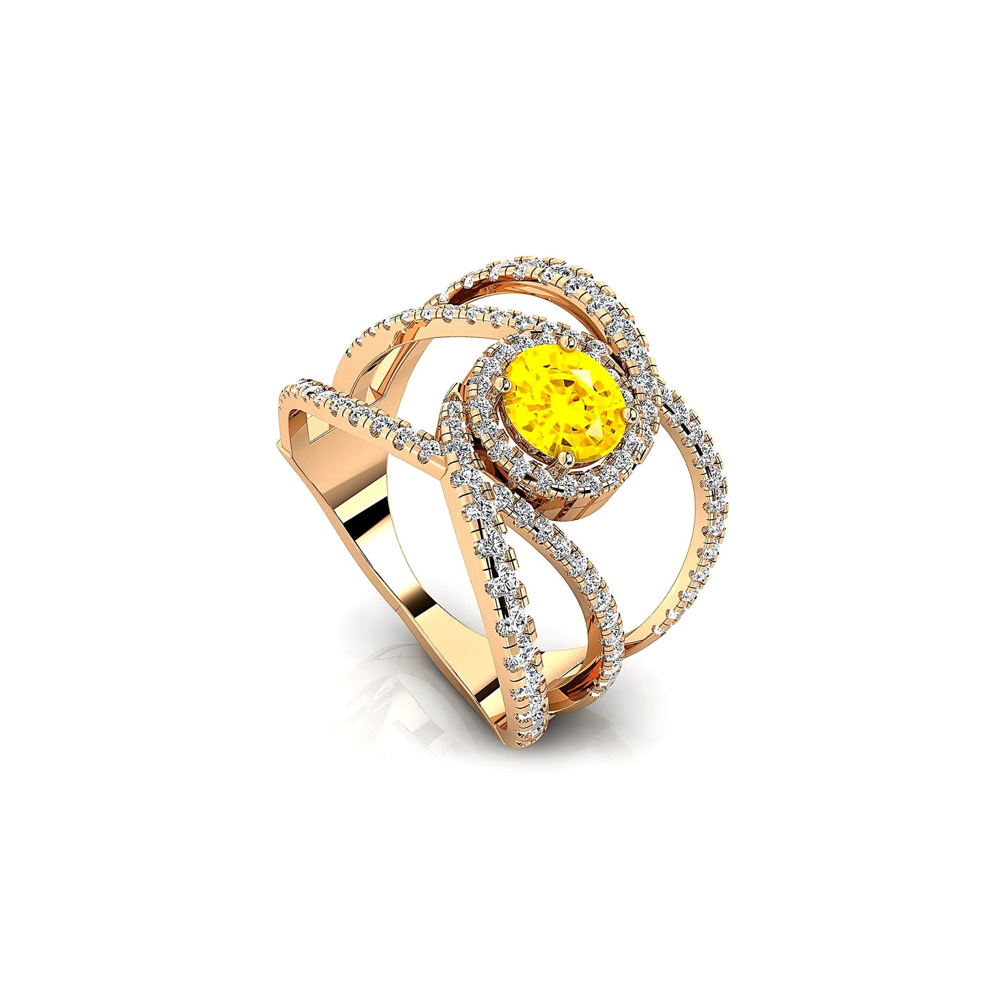 Luxurious Fashionable Design 14k Gold Wedding Ring Adorned With Lab Grown Yellow Sapphire Gemstone & Natural Diamonds Halo Ring