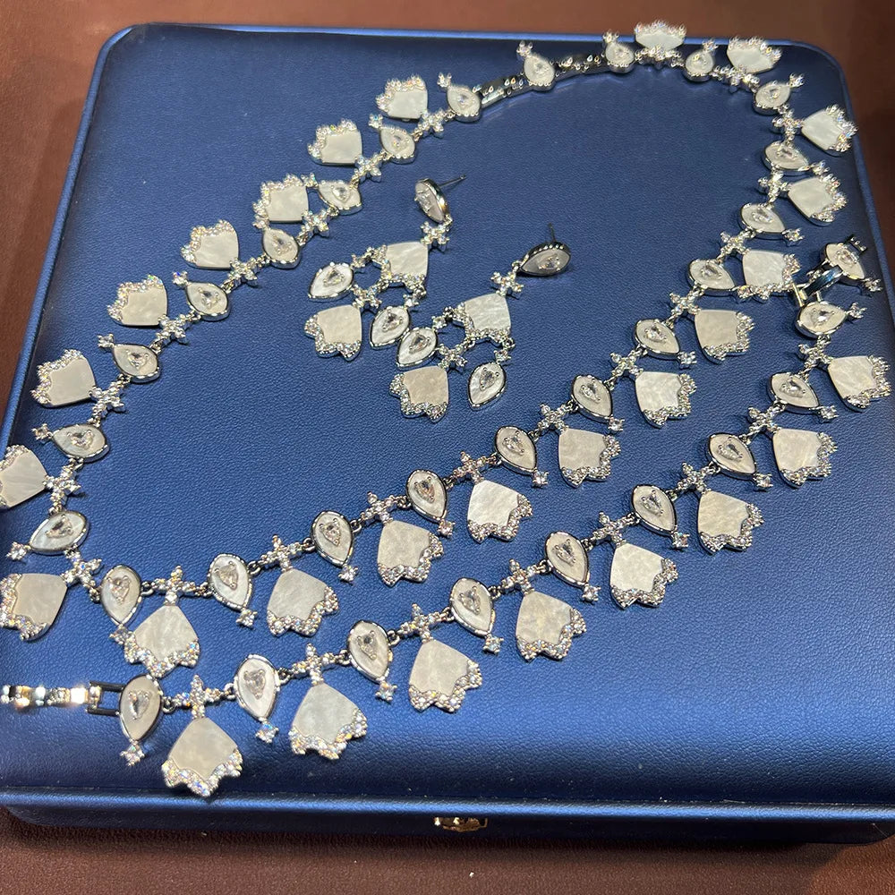 Luxury Brand Design Wedding Jewelry Set White Blue Pink Zirconia Full Paved Necklace Earring Bracelet Sets