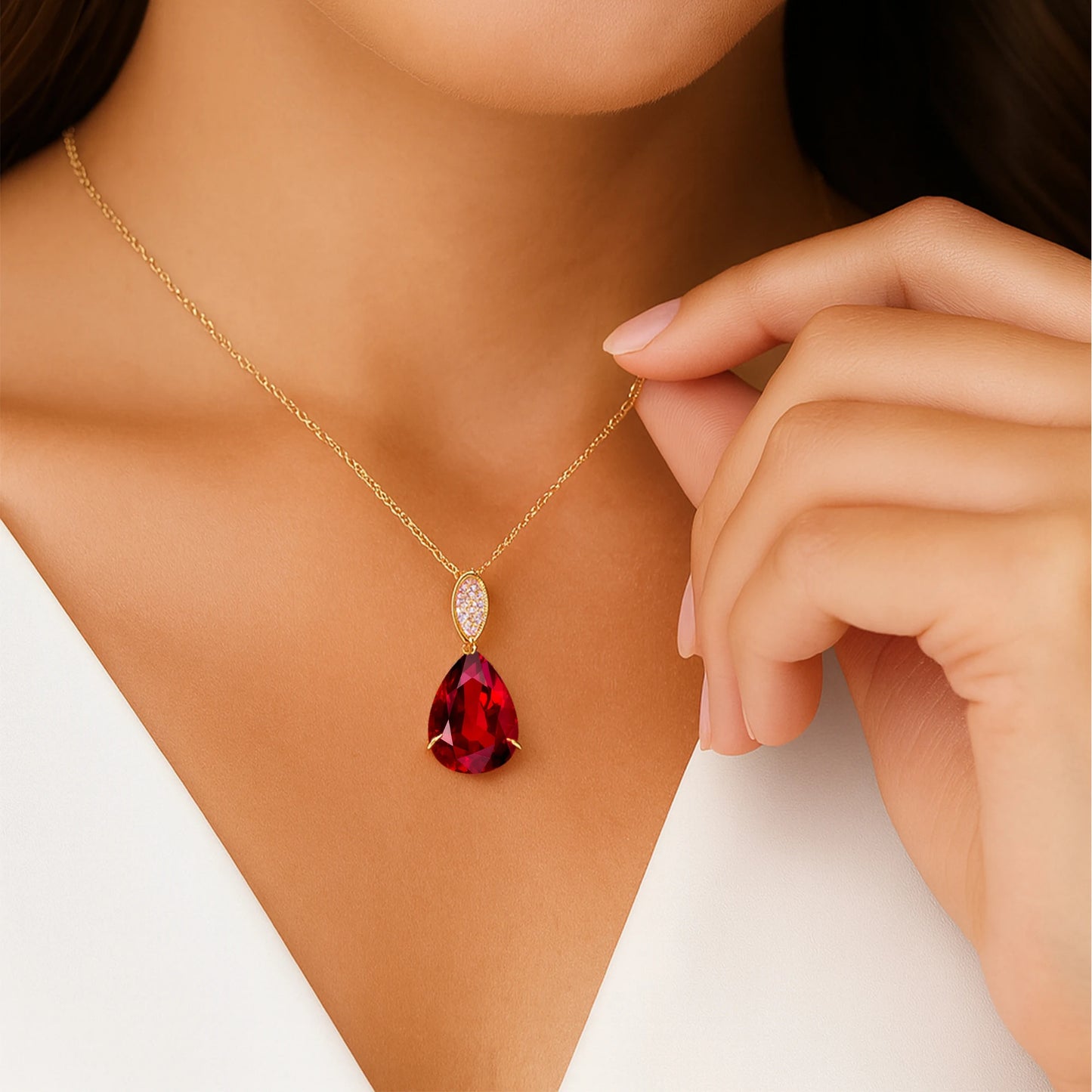 14K Gold Pear Shape Lab Grown Ruby Gemstone & Diamond Pendant Fashionable Cute IGI Certified Natural Diamond & Lab Ruby Pendant