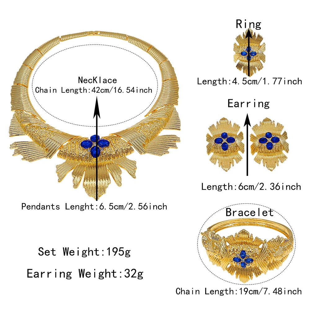 Zhuerrui Dubai Gold Plated Jewelry Set Blue Stone Inlaid Statement Fan Necklace Earrings Bracelet Ring Women Ceremony I005220