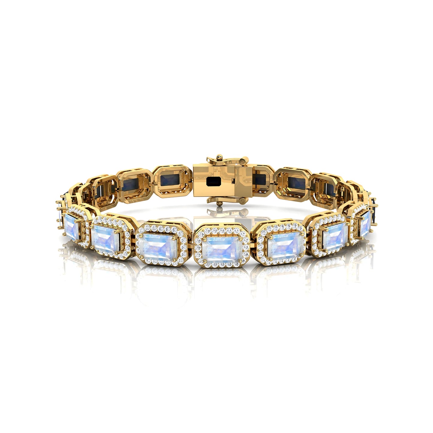 Natural Octagon Cut Rainbow Moonstone & Diamond Tennis Bracelet 14k Solid Gold Prong Set Wedding Gift Gemstone Tennis Bracelets
