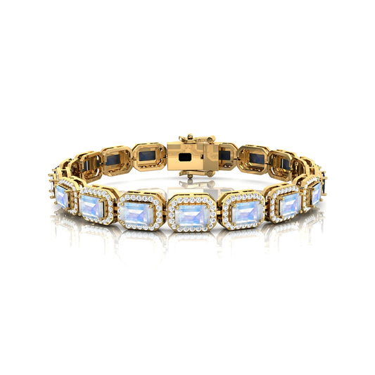 Natural Octagon Cut Rainbow Moonstone & Diamond Tennis Bracelet 14k Solid Gold Prong Set Wedding Gift Gemstone Tennis Bracelets