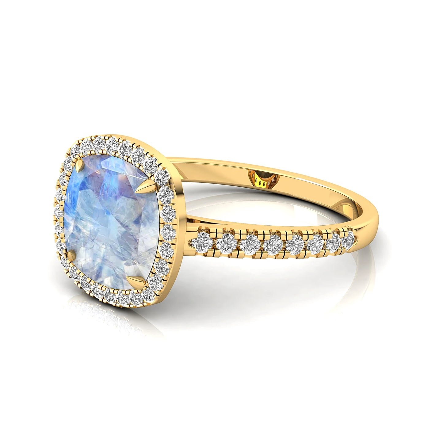 14k Solid Gold Natural Rainbow Moonstone June Birthstone Cushion Shape Prong Set Third Party Certified Handmade Wedding Ring