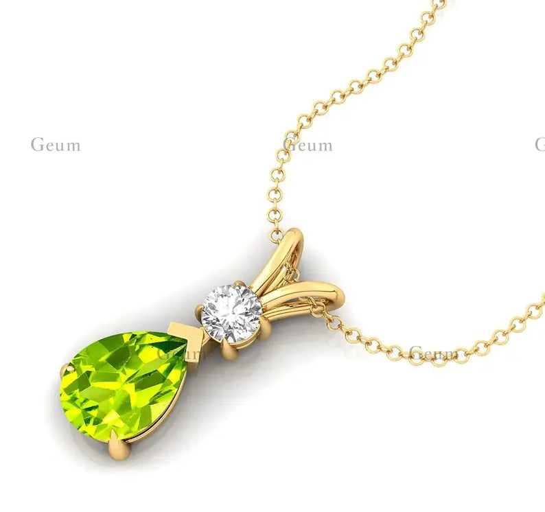 Pear Cut Peridot Solitaire Pendant Custom Design 14k Gold Women Necklace Delicate Bridal Fine Diamond Jewelry Gift For Wife
