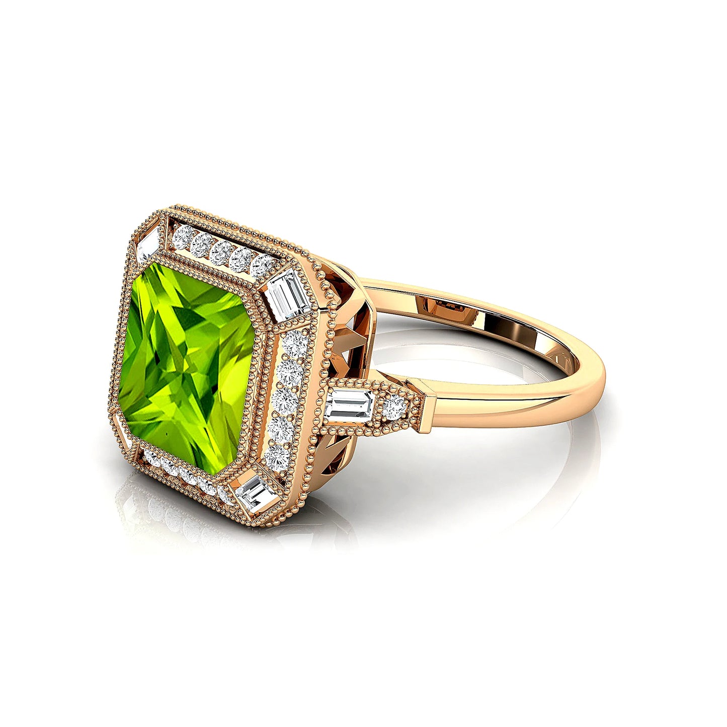 Natural Peridot Gemstone Halo Solitaire Rings 18k Solid Gold Natural White Diamonds Rhodium Plated Halo Solitaire Ring For Her