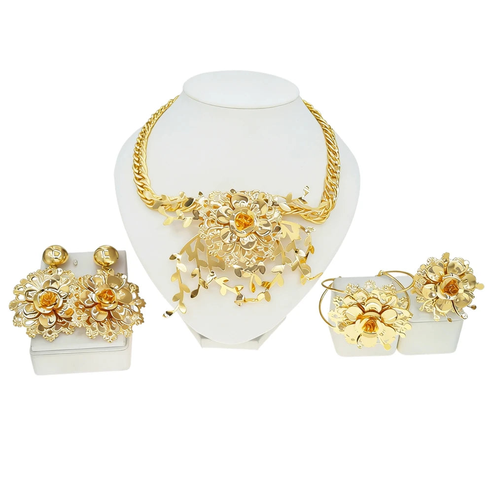 Zhuerrui Luxury 18K Gold Plated Hollow Floral Leaf 4PCS Jewelry Set Brazilian African Necklace Earrings Bracelet Ring HK049822