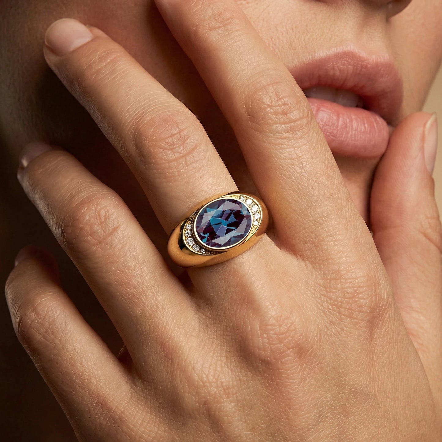 Lab Grown Alexandrite Gemstone Halo Style Signet Ring Natural Certified Diamonds 18k Solid Rose Yellow Gold Rhodium Wedding Ring