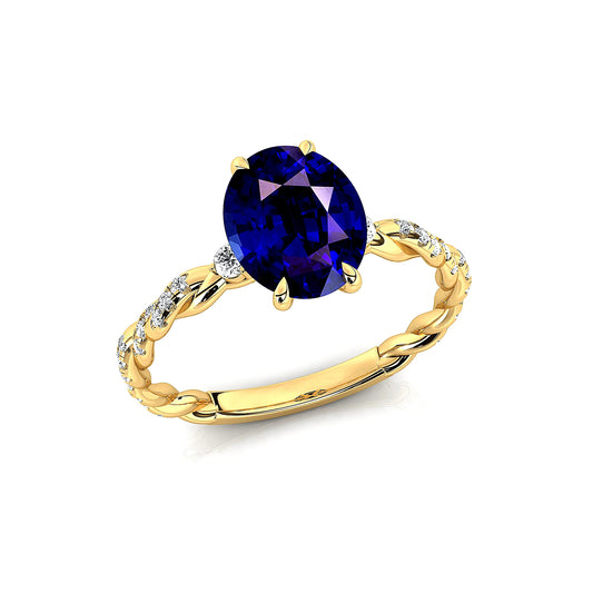 Vintage Design 18k Solid Gold Halo Solitaire Rings Adorned Cut Lab Grown Blue Sapphire Gemstone Real White Diamonds Wedding