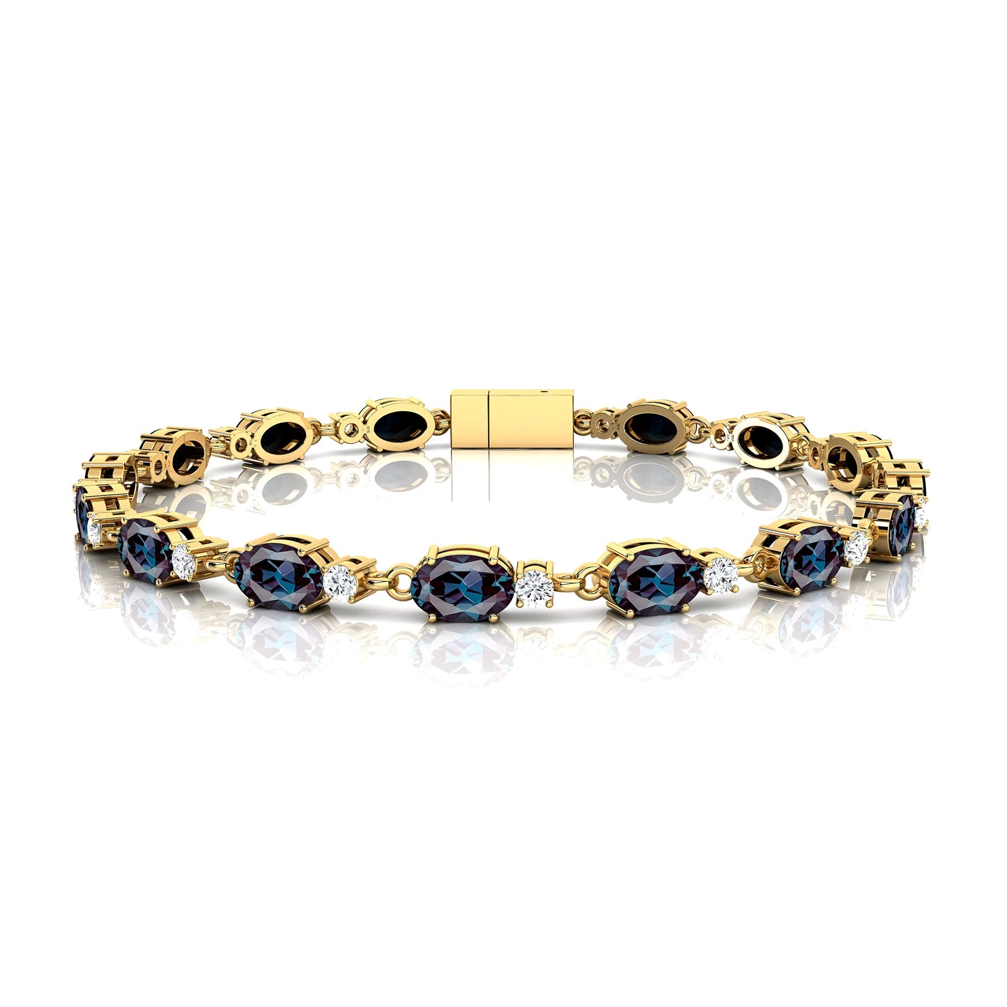 Oval Cut Lab-grown Alexandrite & Natural Round Diamonds Tennis Chain Bracelets Fine Jewelry 14K Gold Tennis Link Chain Bracelet
