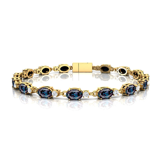 Oval Cut Lab-grown Alexandrite & Natural Round Diamonds Tennis Chain Bracelets Fine Jewelry 14K Gold Tennis Link Chain Bracelet