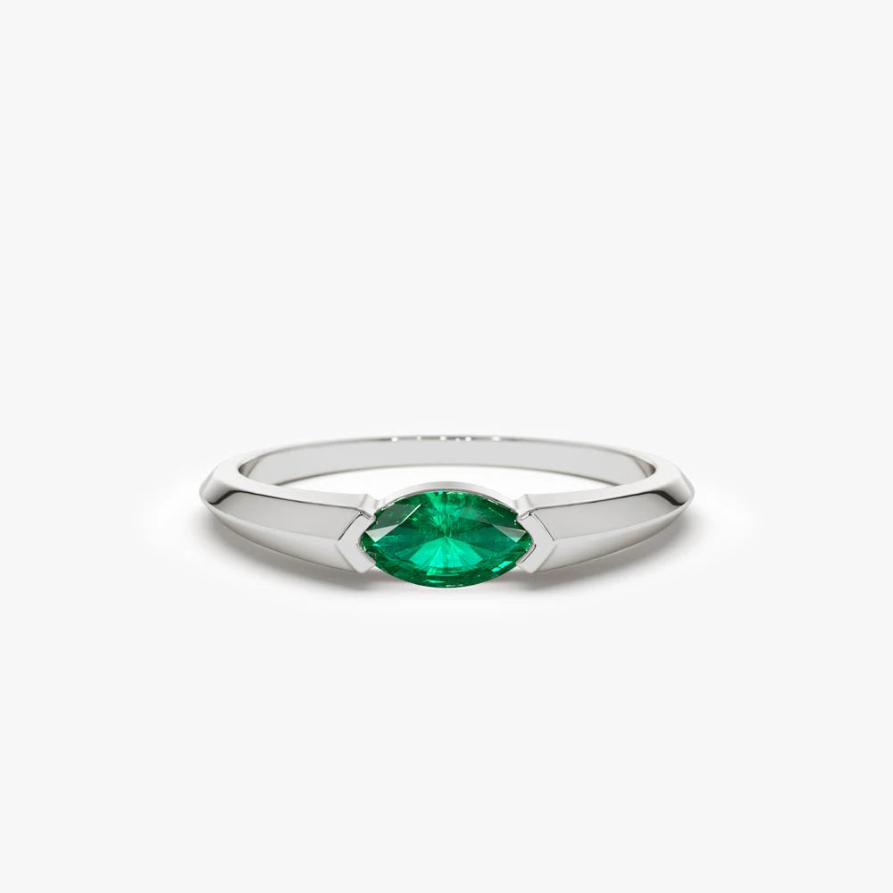 2026 New Collection 14K Solid Gold Bezel Setting Horizontal Marquise Shape 6x3 MM Natural Emerald 0.25 Ctw Eternity Band Fine
