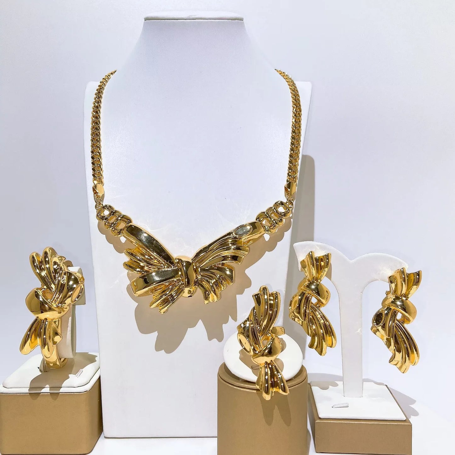 Zhuerrui Vintage Bowknot Gold Plated Jewelry Set 4Pcs Luxury Necklace Earrings Bracelet Ring for Women African Party Gift HK0256