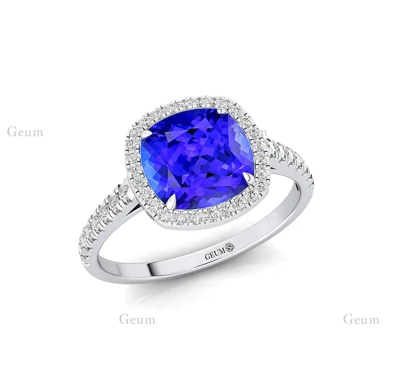 Solid Gold Classic Natural Tanzanite & Real Diamond Birthstone Anniversary Wedding Engagement Ring Gift for Mother Party