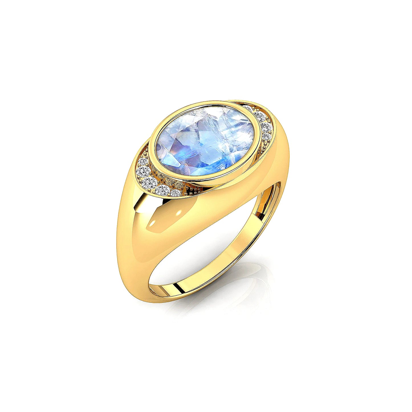 18kt Solid Gold Natural Rainbow Moonstone Gemstone Real Solitaire Diamonds Ring OEM Birthstone Wedding Gift Rhodium Plated Ring
